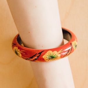 Vintage Red & Yellow Floral Wood Tikki Bangle